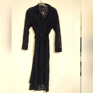 Zara Black Lace Button-Up Shirt Dress With Tie Size Small